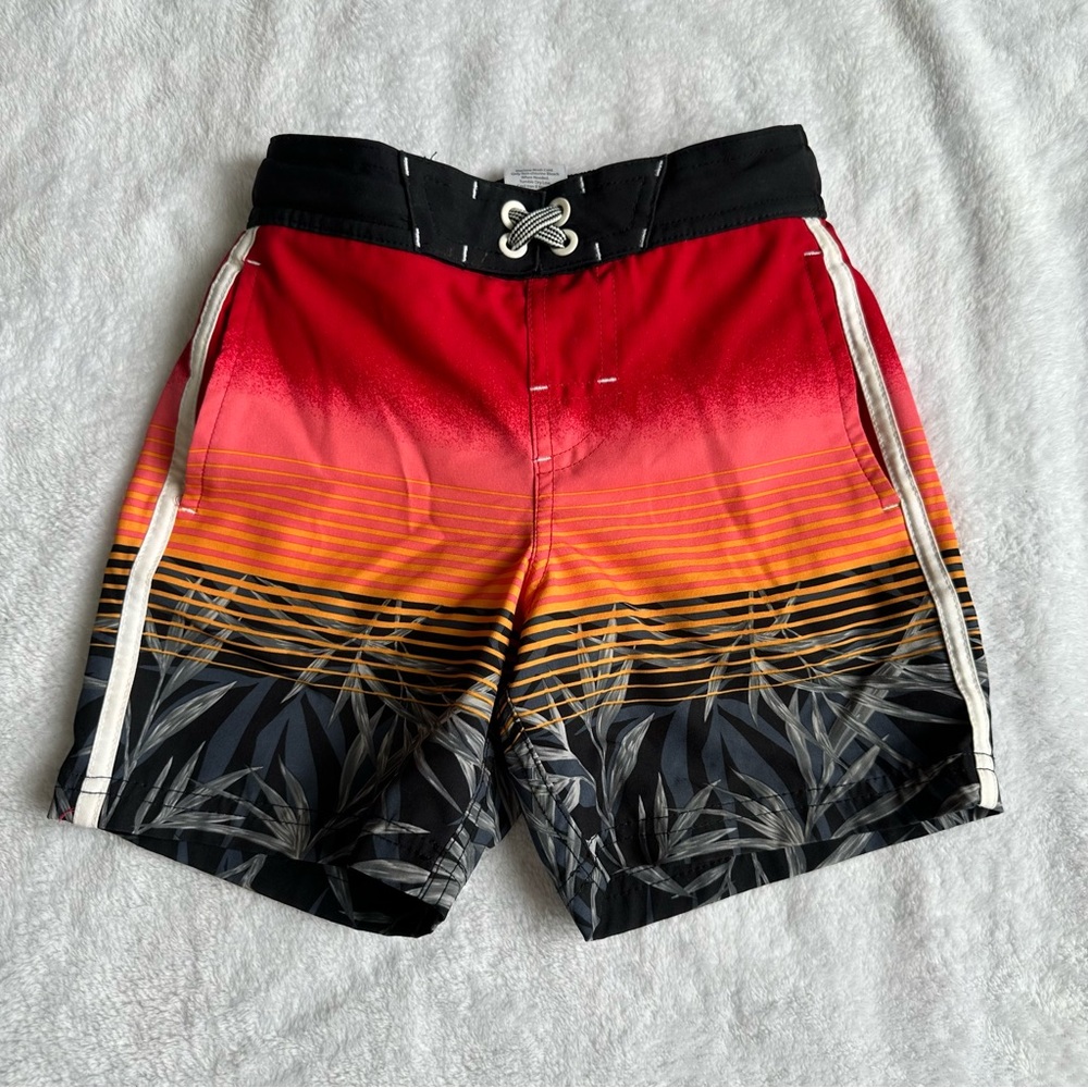 Wonder Nation Red and Black Board Shorts with Tropical Design
